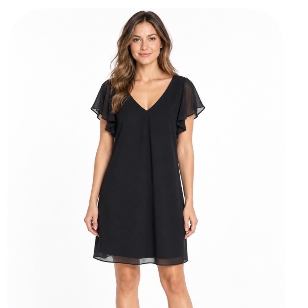 Jones Wear Size 6 Black Chiffon Flutter Sleeve Shift Cocktail Party Formal Dress